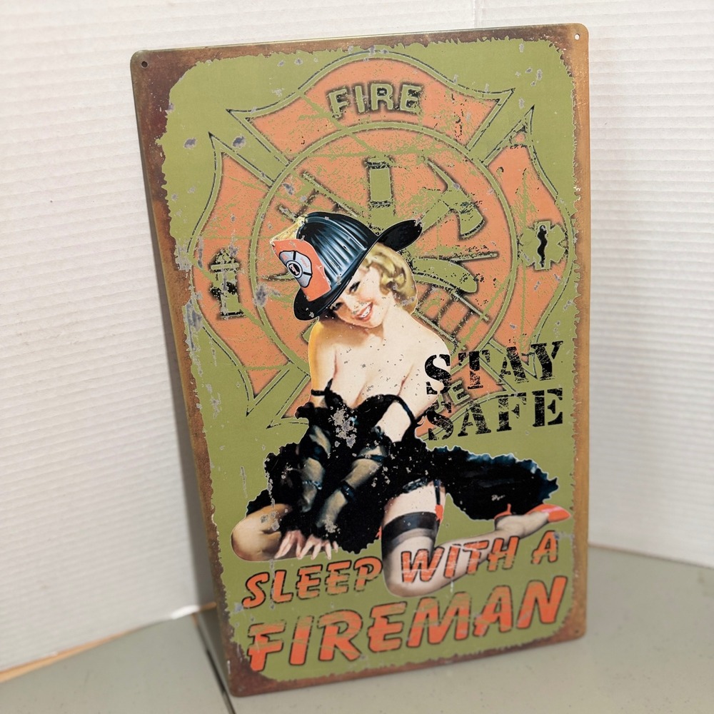 Vintage Style Firefighter Pin Up Girl Metal Sign Sleep With A Fireman 12x17